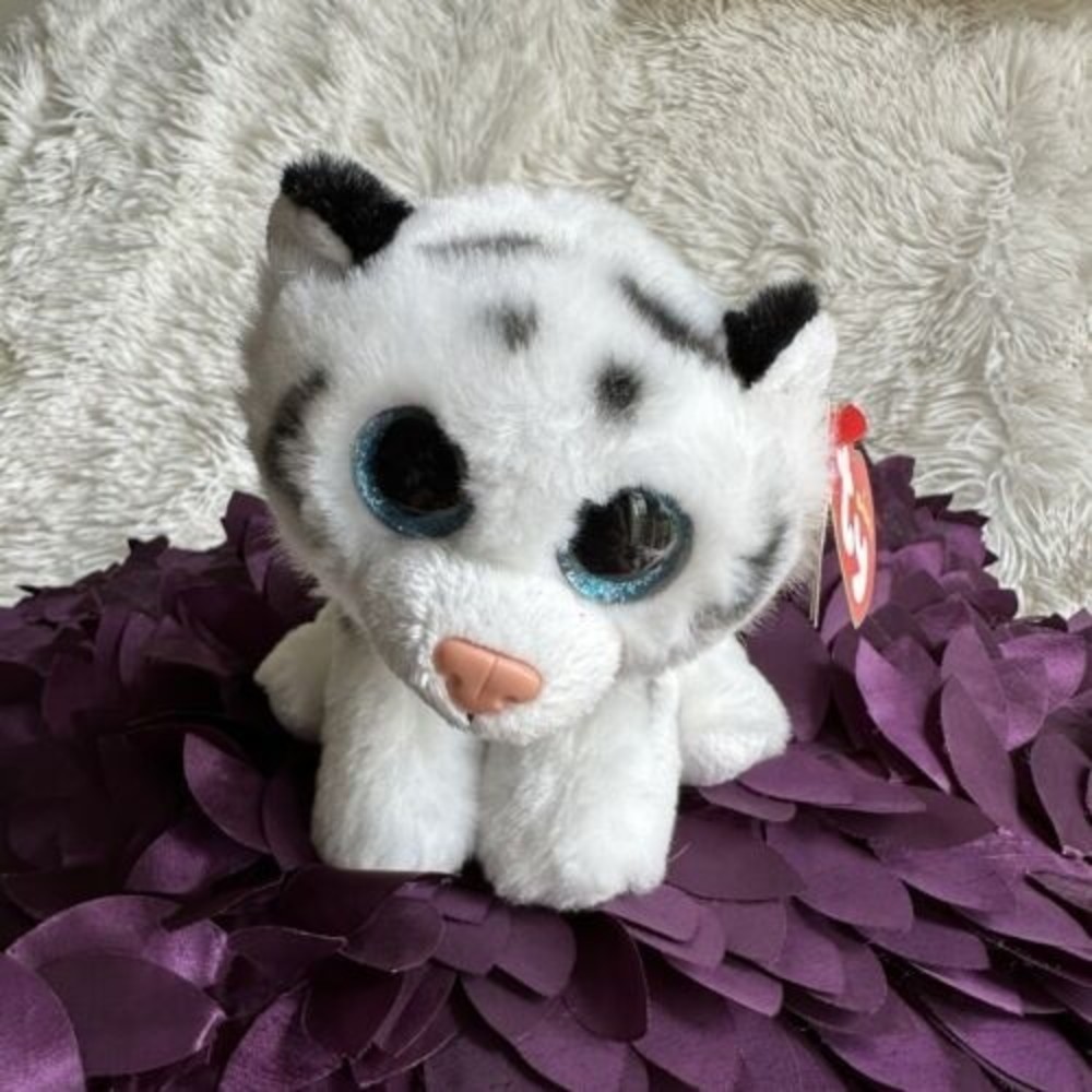 Ty Beanie Boos 2015 TUNDRA  White Tiger Plush 6" VelveTy Cat Glitter Eyes T8